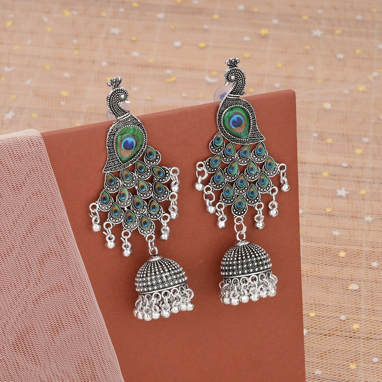 Traditional Silver Oxidized Peacock Jhumka Earrings