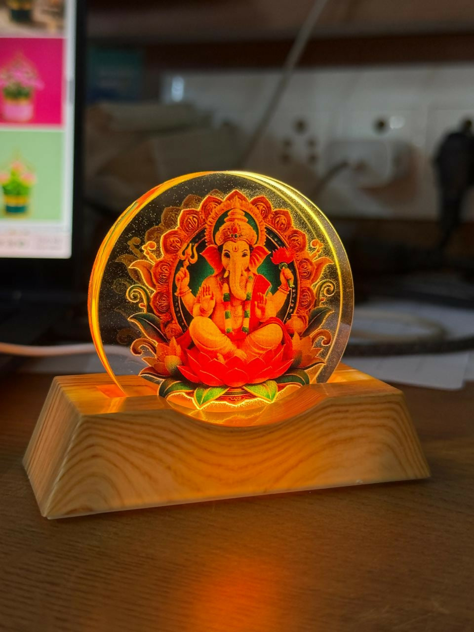 LED Lord Ganesha Acrylic Lamp with Wooden Base Spiritual Decor