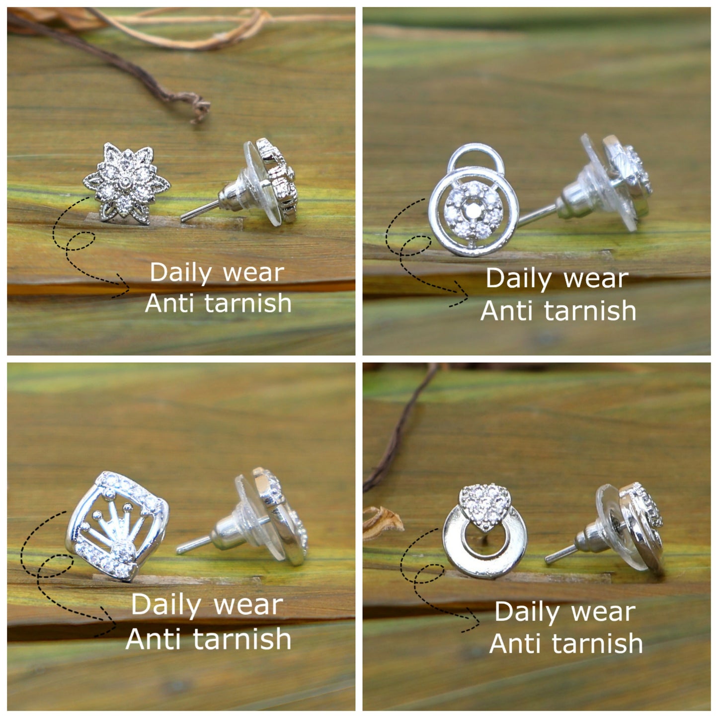 Snowflake style silver tone stud earrings with intricate cubic zirconia detailing