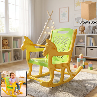 A vibrant yellow and green plastic rocking chair shaped like a horse, in a child's playroom. A small inset shows a toddler