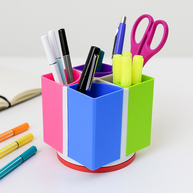 Khyati Revolving Rainbow Pen Stand – Multi-Color Rotating Desk Organizer with 4 Compartments