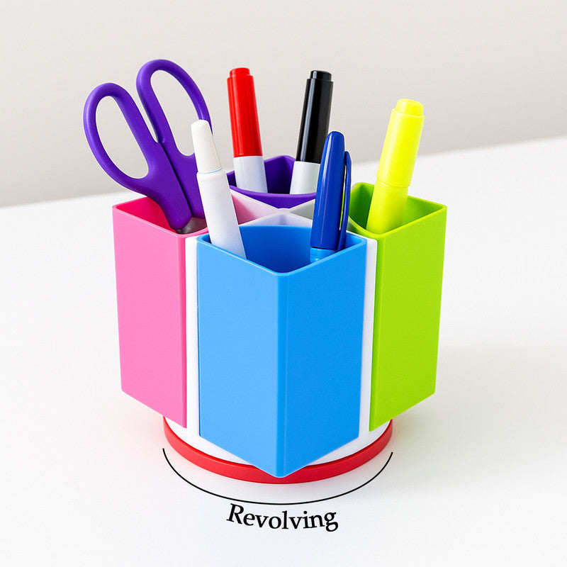 Khyati Revolving Rainbow Pen Stand – Multi-Color Rotating Desk Organizer with 4 Compartments