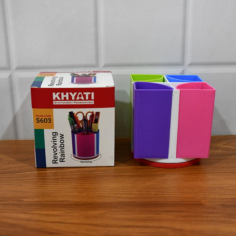 Khyati Revolving Rainbow Pen Stand – Multi-Color Rotating Desk Organizer with 4 Compartments