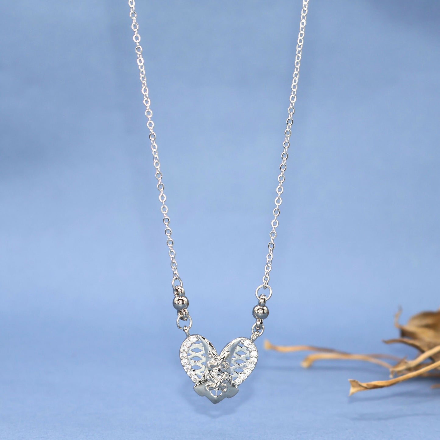 Silver Tone AD Filigree Heart Pendant Necklace for Women