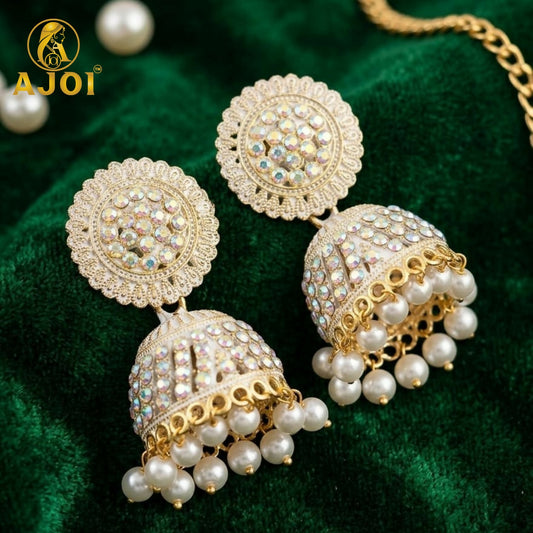 Gold Plated Pearl Jhumka Earrings with White Elegant Ethnic