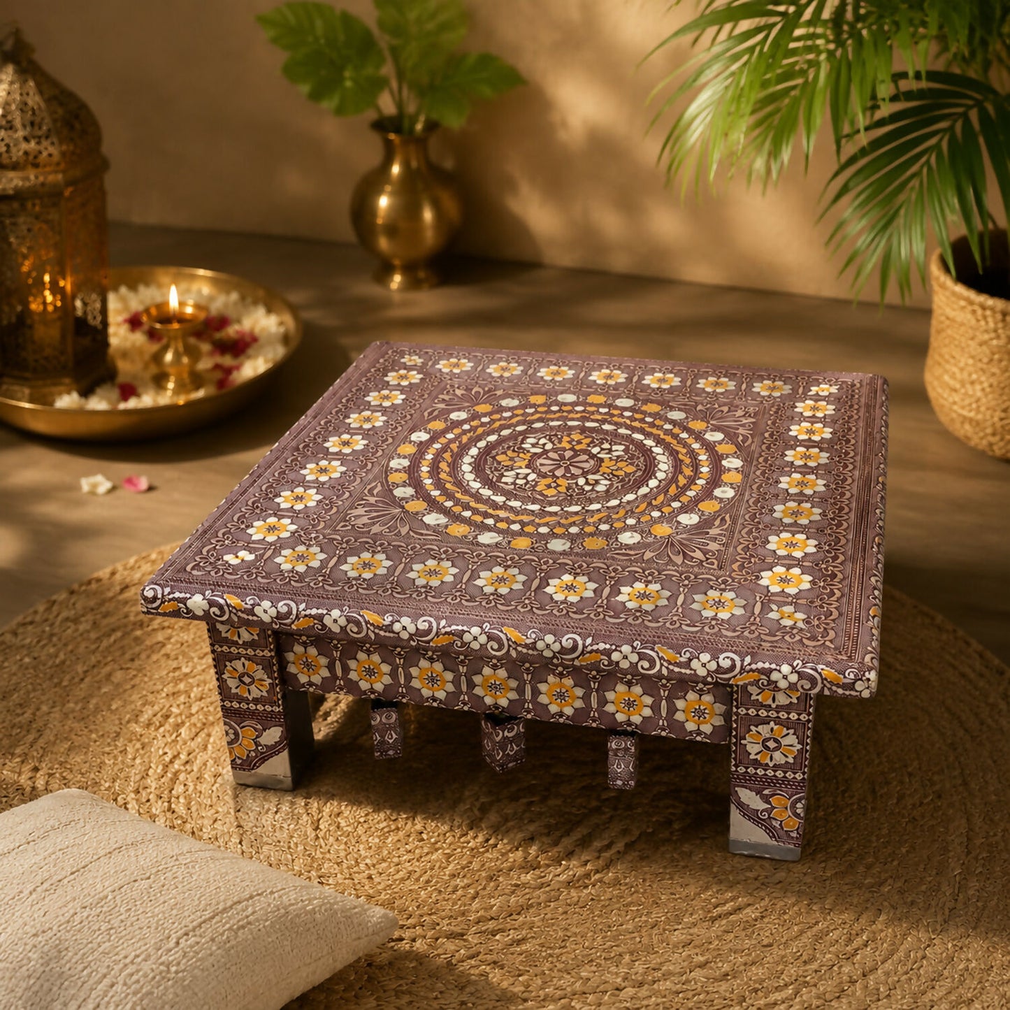 Side profile of the sturdy and elegant Rajwadi Pooja Chowki.