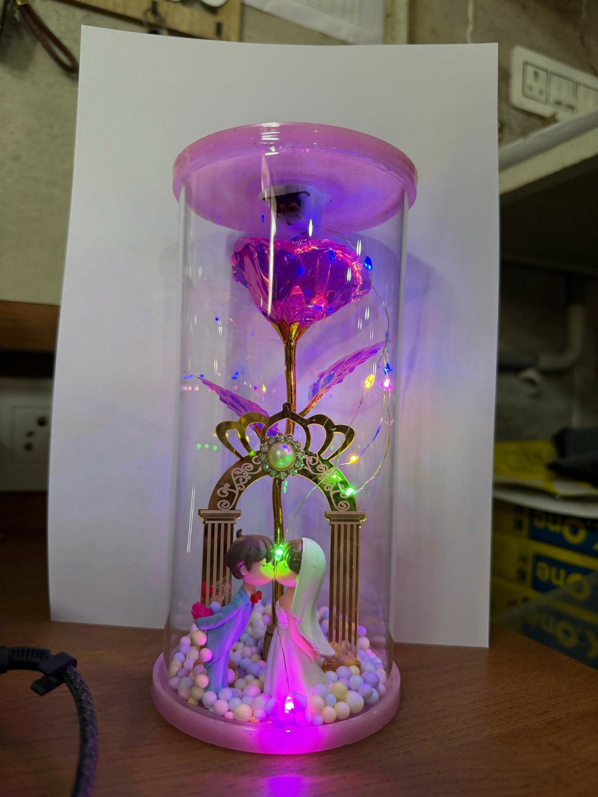 LED Rose Dome with Couple Figurine Romantic Decorative Showpiece