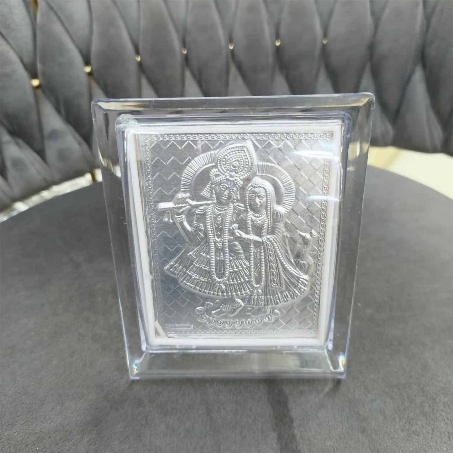 Silver Radha Krishna Decorative Plaque in Premium Acrylic Frame for Pooja and Home Decor