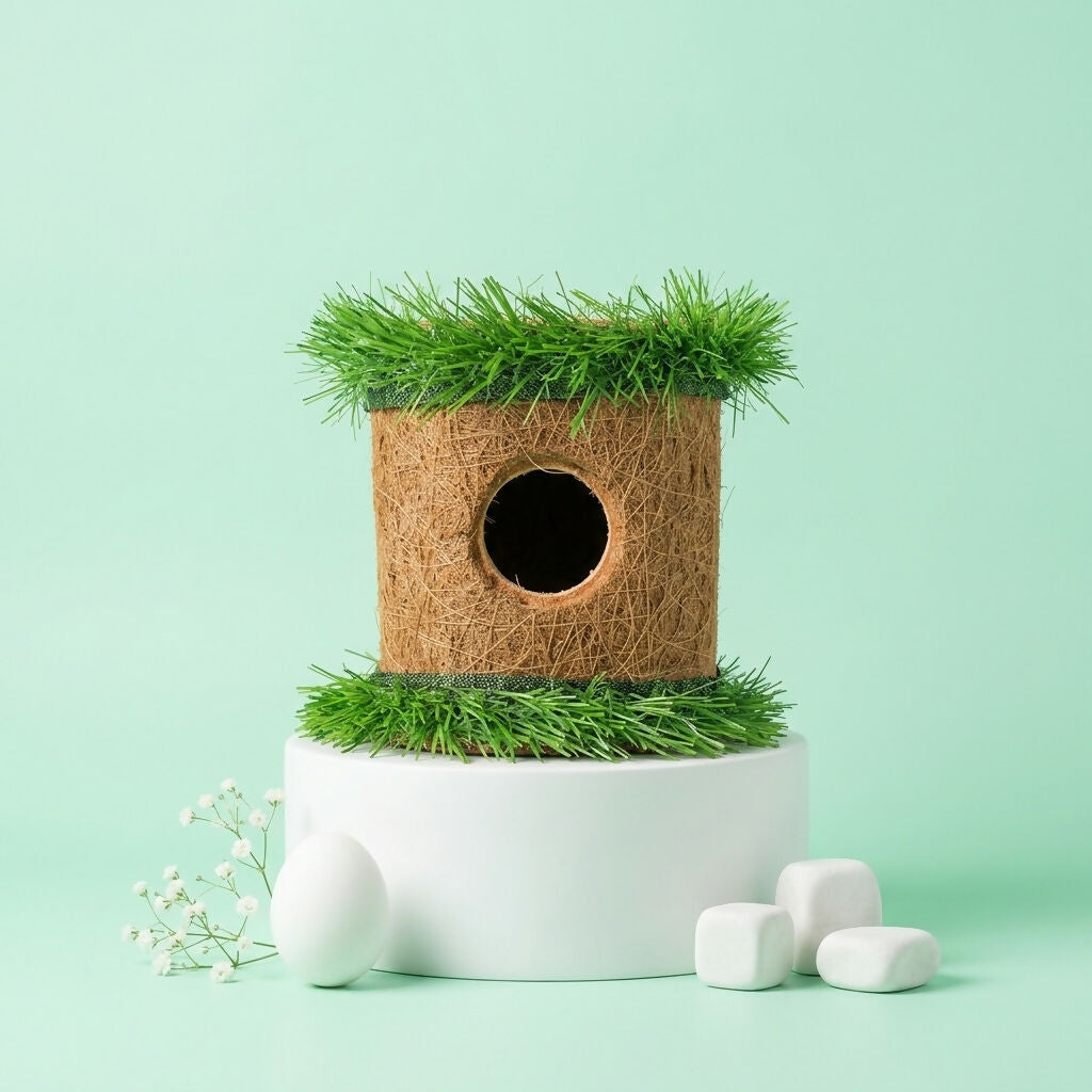 Detailed view of the natural coir fiber texture on the bird house
