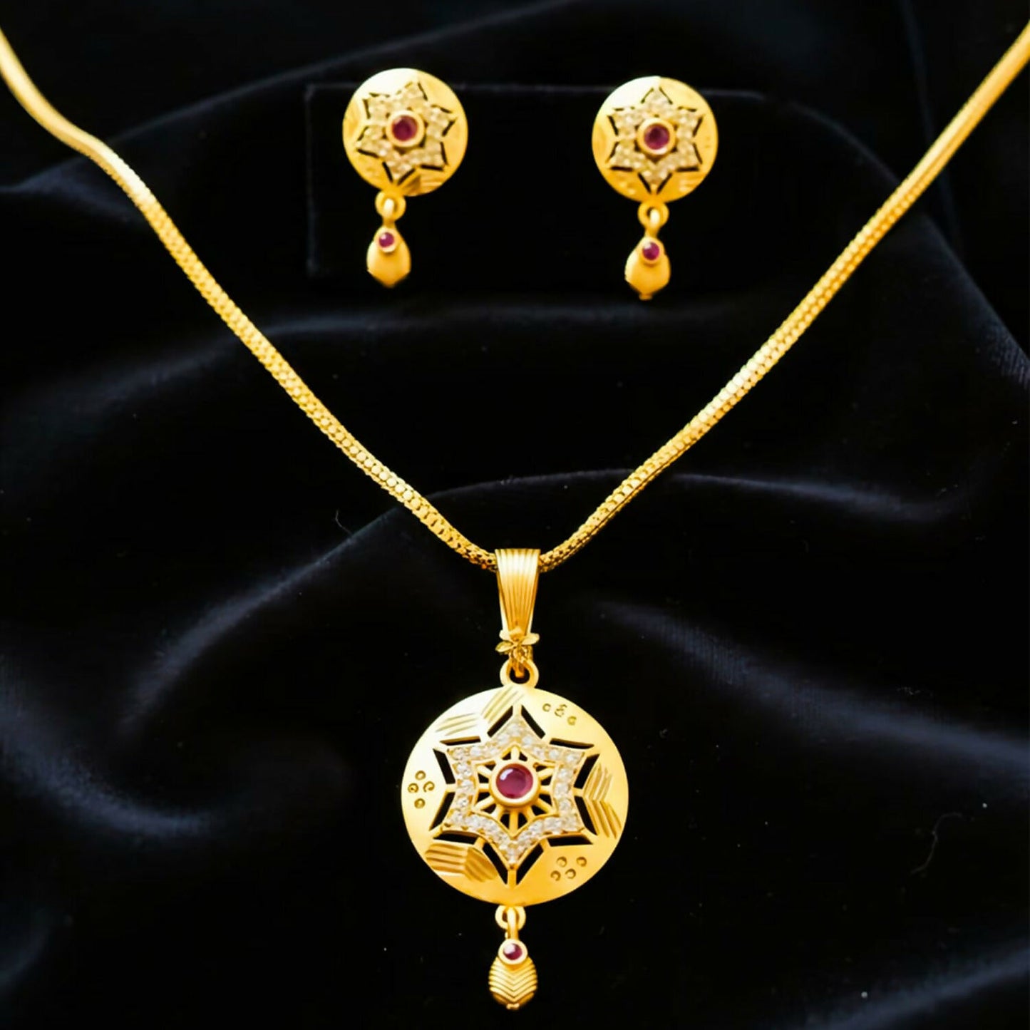 Ad Stone Brass Micro Polish Designer Daily Wear Chain Pendant with matching earrings