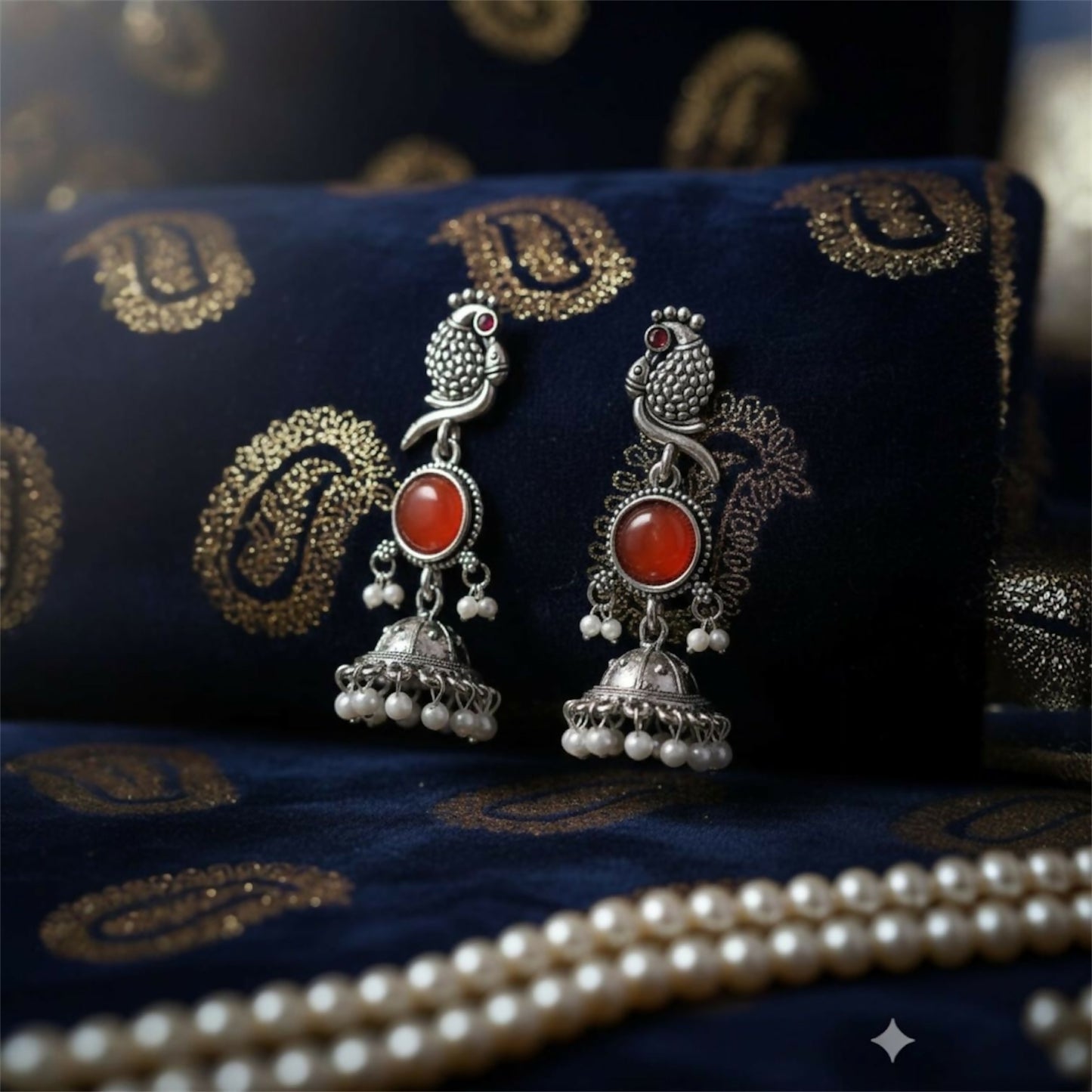 Oxidised Bird Design Jhumka Earrings with Stone Center and Pearl Drops for Women