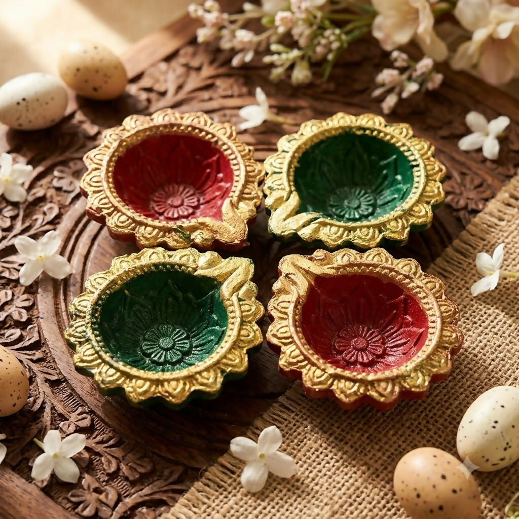 Four red and green clay diyas with intricate gold borders on a carved wooden tray with small white flowers.