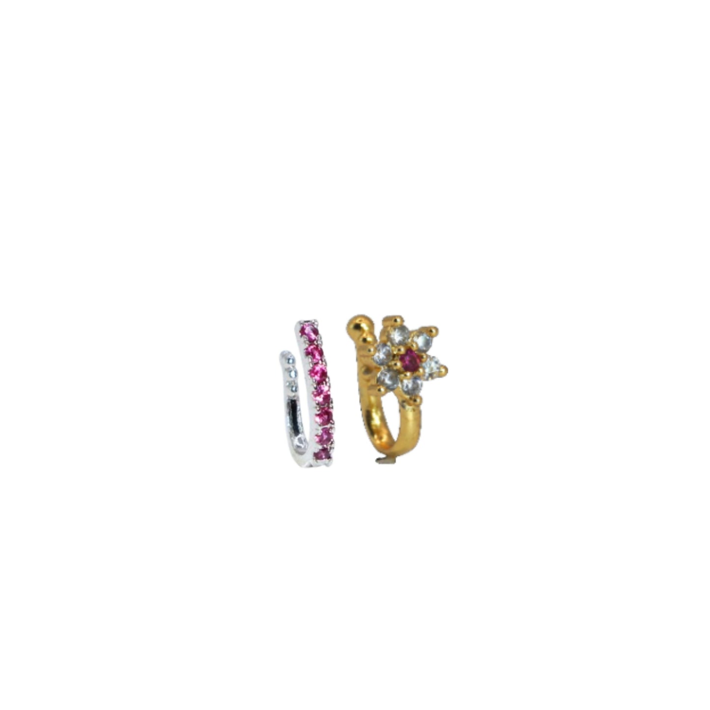 Close-up of ruby floral gold nose pin with sparkling cubic zirconia stones
