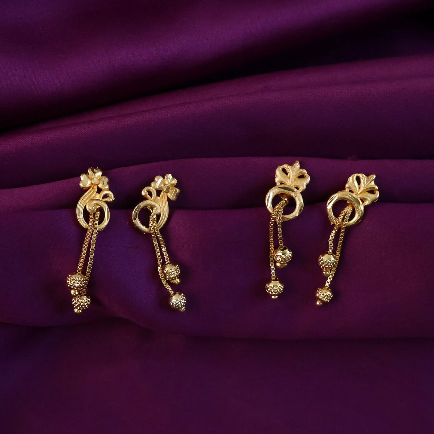 Elegant Gold-Toned Floral Drop Earrings Set with Chain Danglers & Beads (2 Pair)