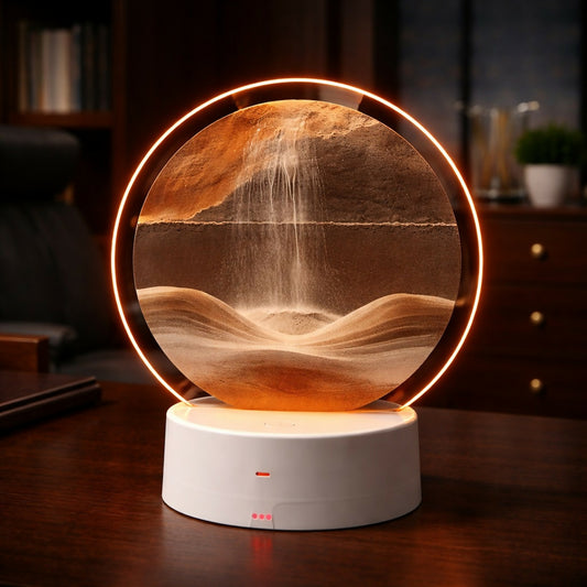 Brown round moving sand art LED lamp with glowing warm light