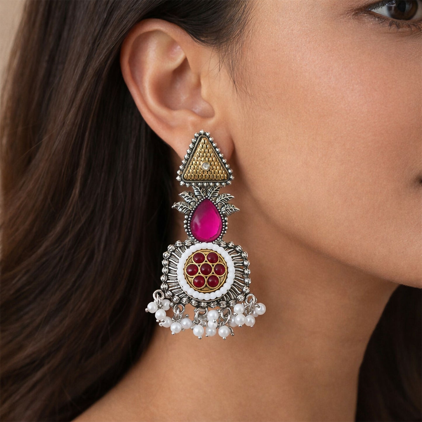 Traditional Oxidized Silver Earrings with Gold Tone Studs & Pearl Drop Fringe