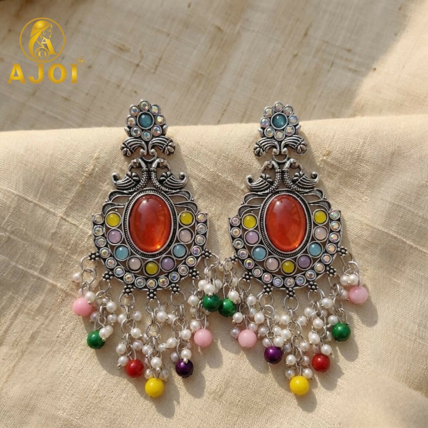 Oxidized Silver Multicolor Stone Chandbali Earrings with Pearl Bead Drops