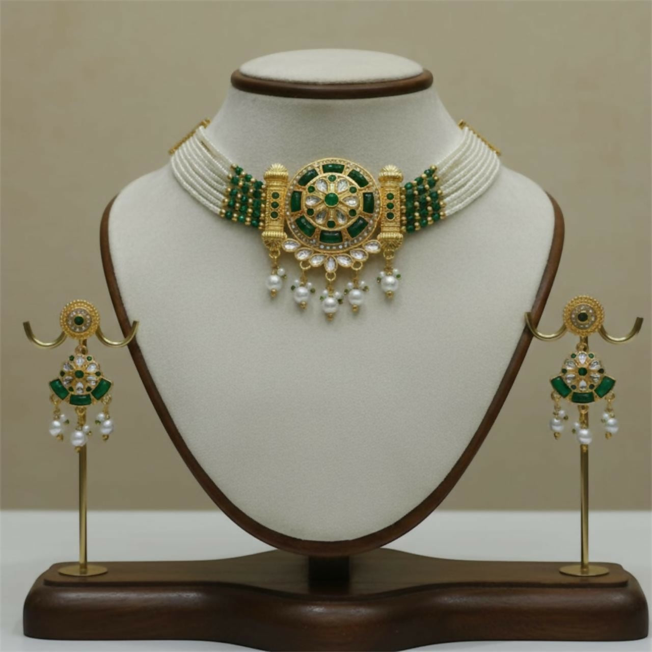 Bridal Green Kundan & Pearl Necklace with Earrings