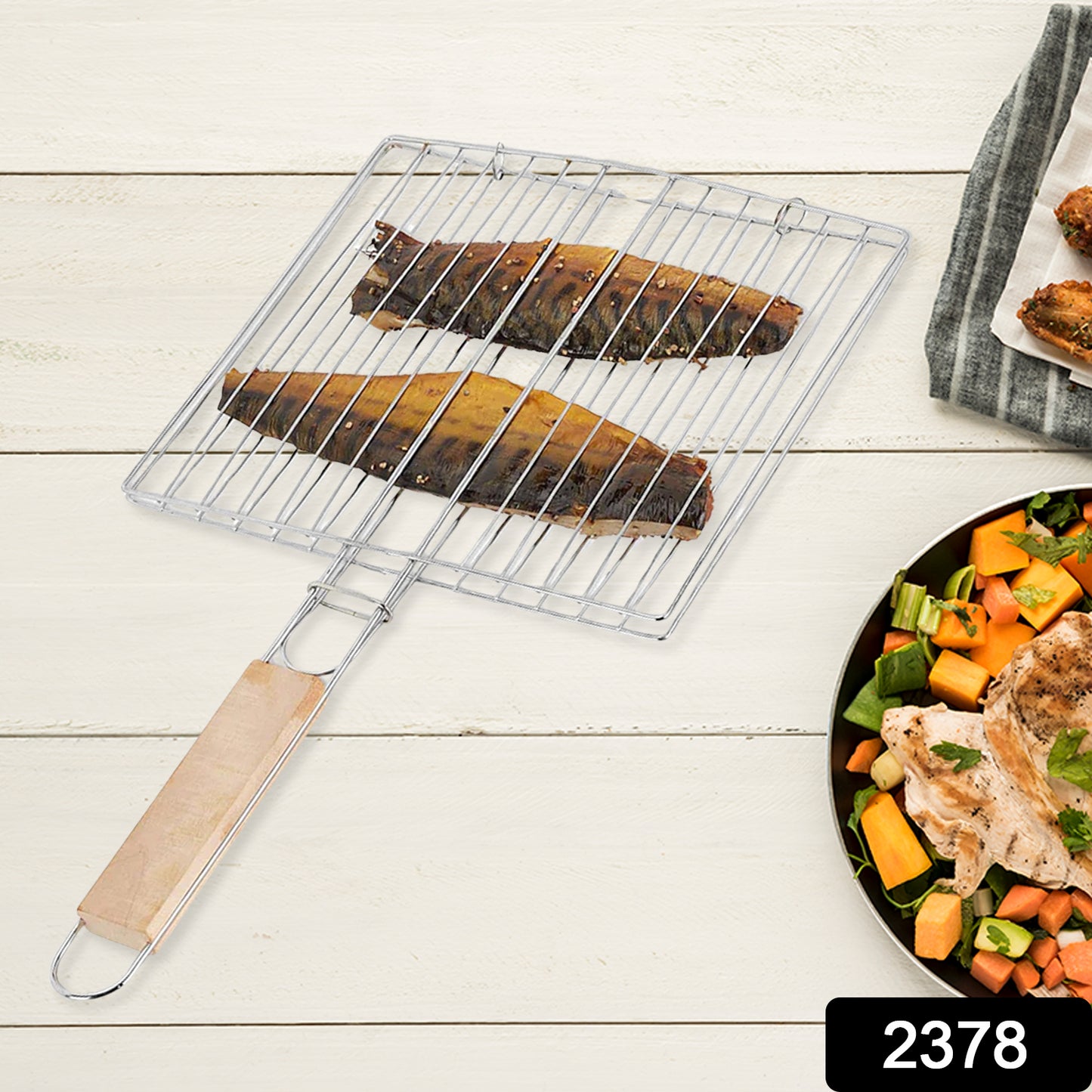 2378 કિચન સ્ક્વેર રોસ્ટર પાપડ ગ્રીલ લાકડાના હેન્ડલ સાથે બરબેકયુ ગ્રીલ