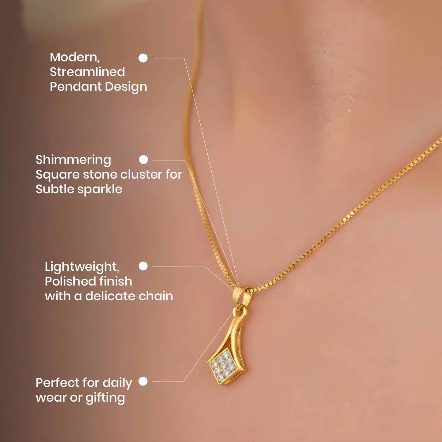 Pendant necklace with modern elongated design showcasing square stone cluster