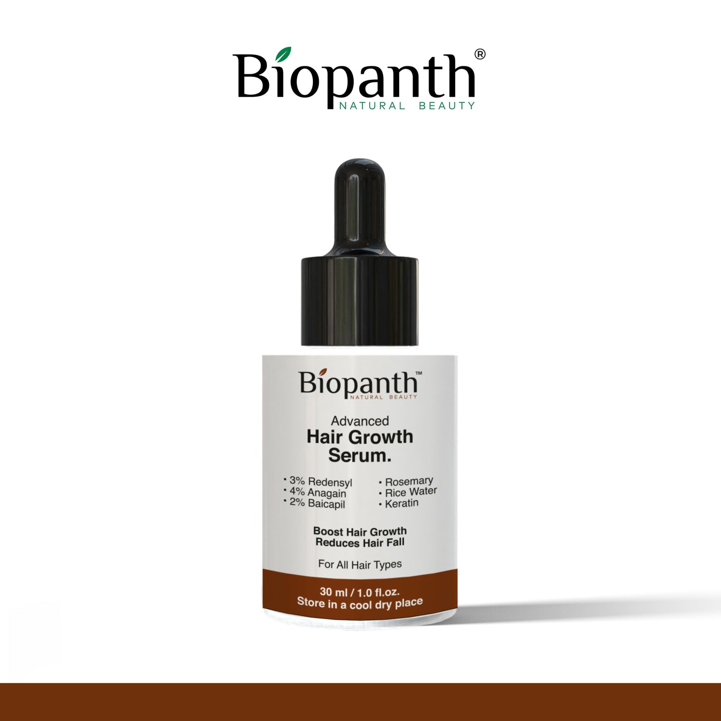 Bottle of advanced hair growth serum with redensyl and baicapil ingredients.