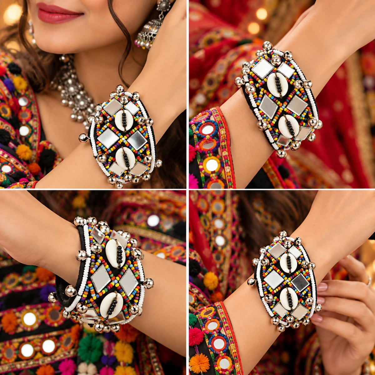 Four different views of a woman's arm wearing a black cuff bracelet with colorful beads, mirrors, and shells.