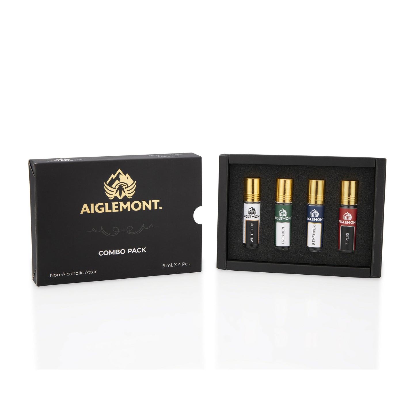 Aiglemont Non-Alcoholic Roll on Attar Combo Set (White Oud, President, Remember, Z Plus) (4Pcs x 6ml) Alcohol free Attar, Ittar, Itr, Atar, Athar, Itra
