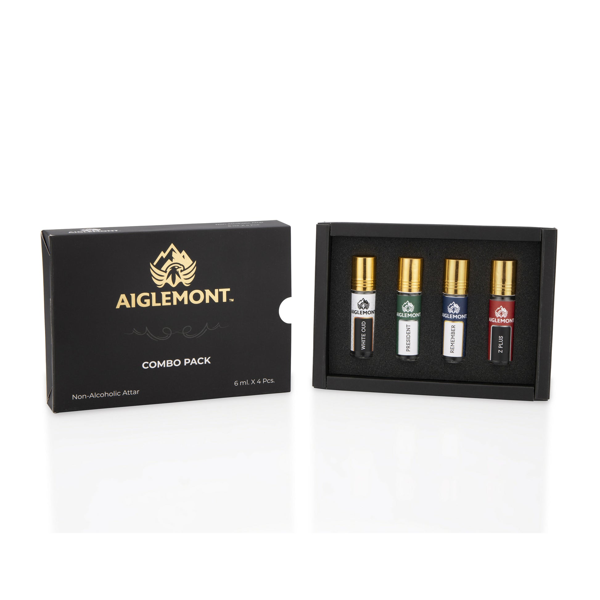 Aiglemont Non-Alcoholic Roll on Attar Combo Set (White Oud, President, Remember, Z Plus) (4Pcs x 6ml) Alcohol free Attar, Ittar, Itr, Atar, Athar, Itra