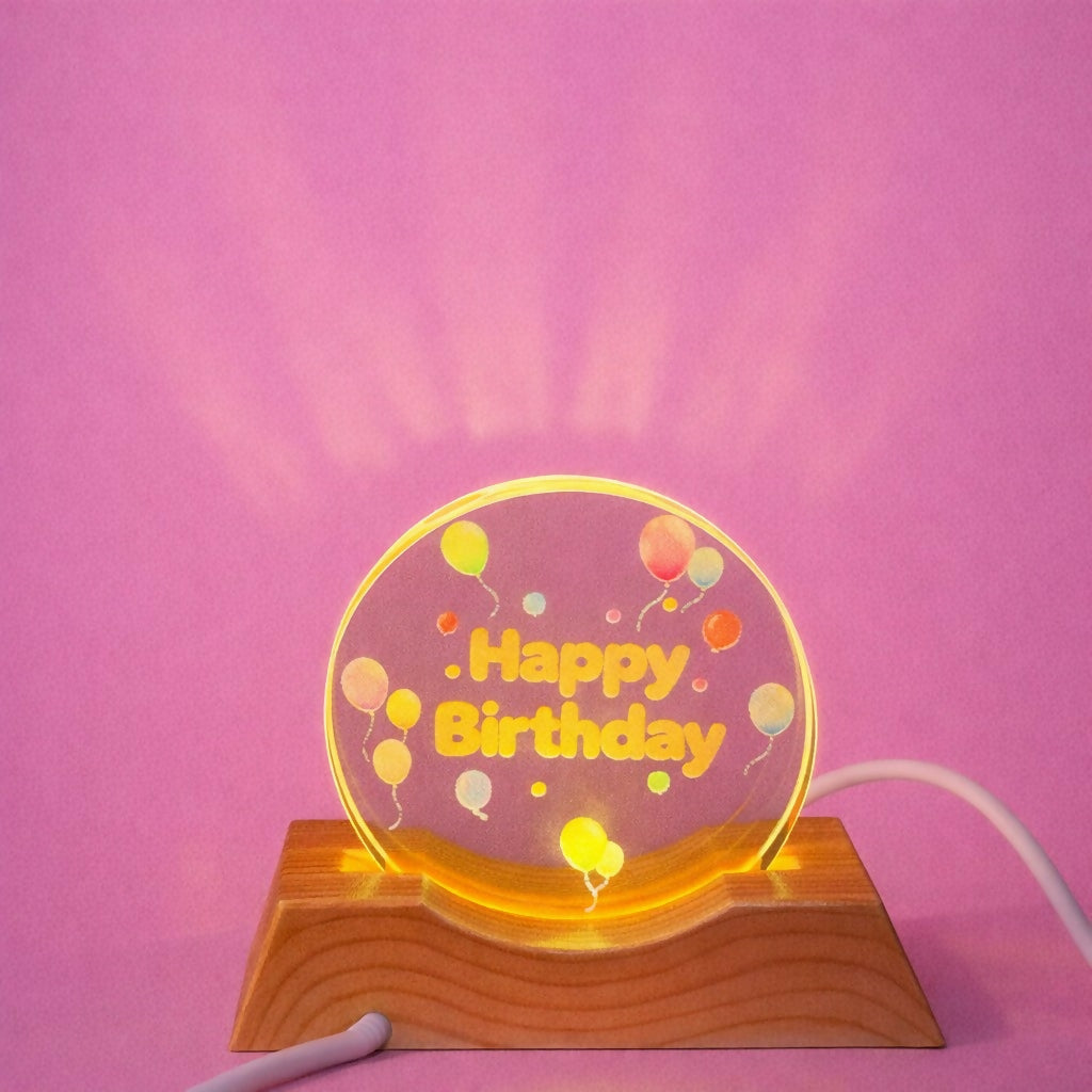 Happy Birthday Acrylic LED Lamp with Wooden Base Balloon Party Gift