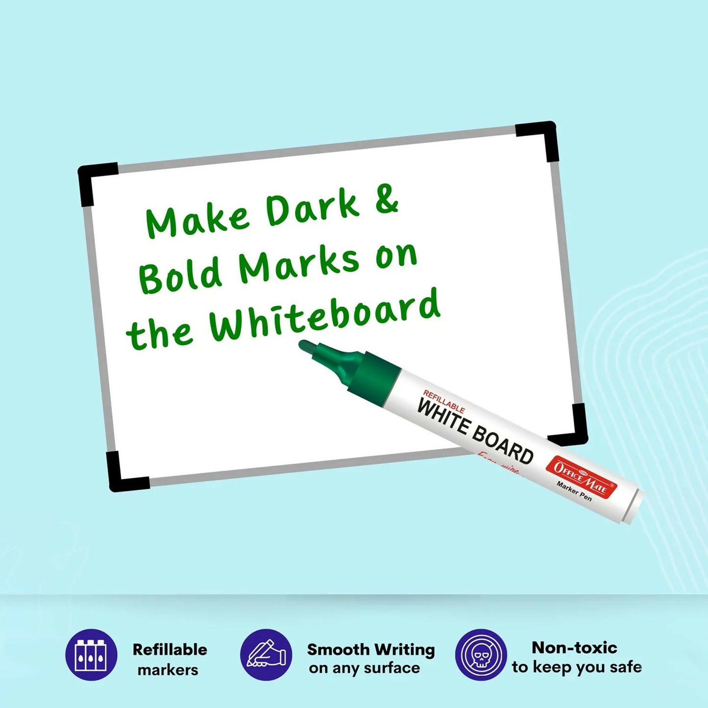 Refillable Green Whiteboard Marker Pen Set of 10 with Bullet Tip for Office, School & Teaching Use