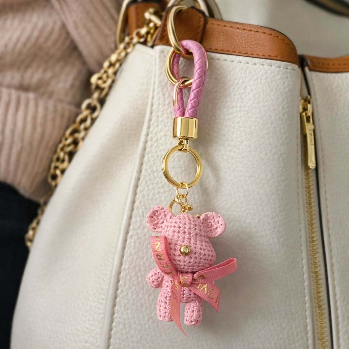 Cute Pink Teddy Bear Keychain with Braided Strap Bag Charm for Girls
