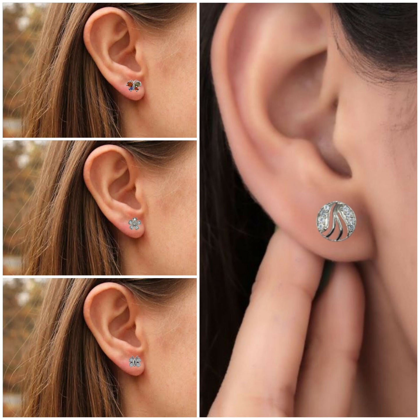 Silver flower-shaped stud earrings adorned with clear Cubic Zirconia stones