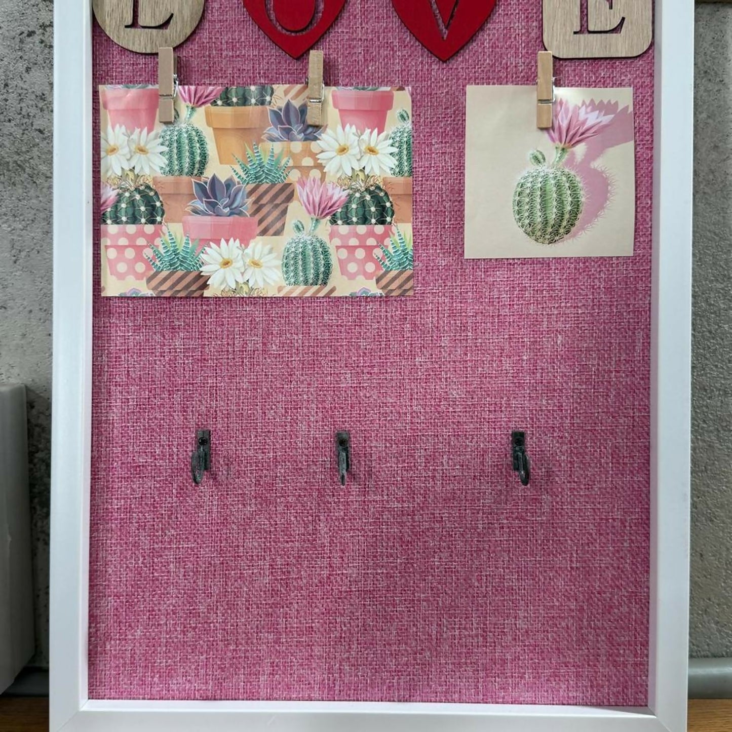 Decorative Wooden Wall Hanging Key Holder with 3 Hooks, Love Lettering & Cactus Print – Stylish Wall Organizer for Home, Bedroom & Living Room – Modern Wall Décor Key Hanger Frame (Pink, White Frame)