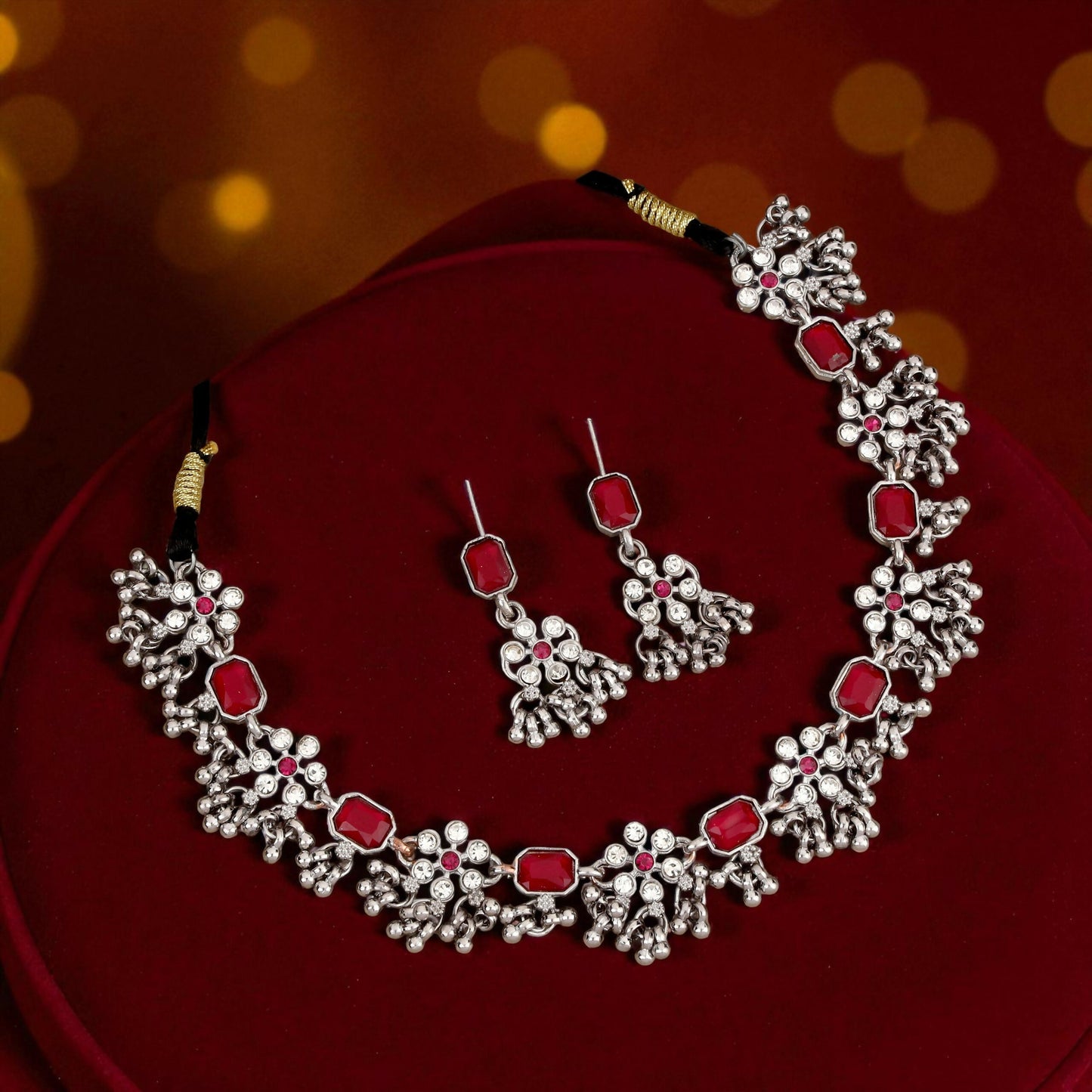 Oxidized Silver Emerald Rectangular Choker Set