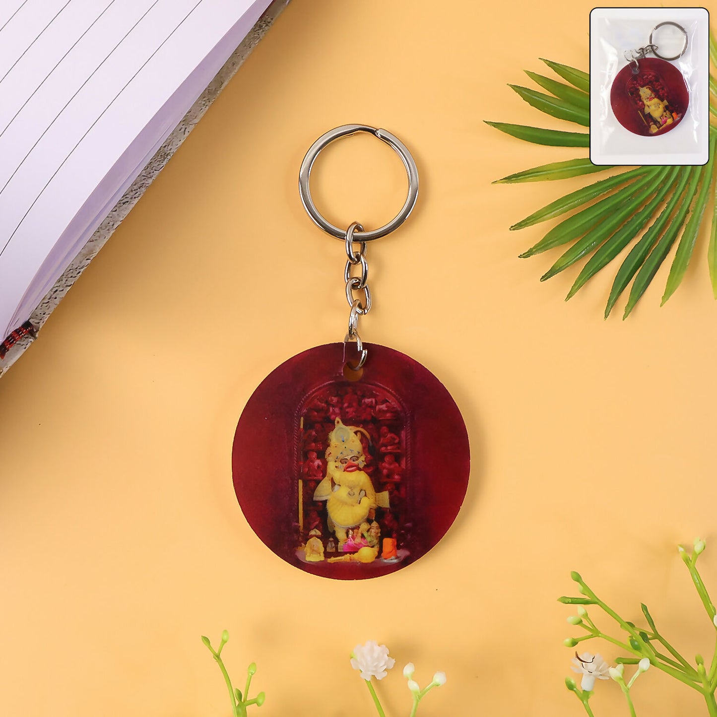 Devotional Hanuman Mandir Printed Round Keychain – Rich Maroon Finish & Durable Metal Ring