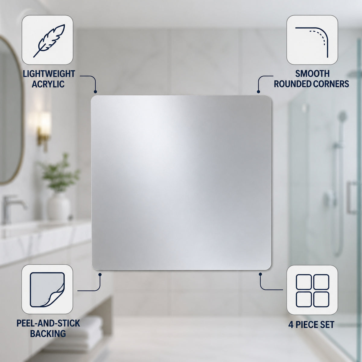 Square Mirror Wall Sticker Tiles 30x30cm Self Adhesive for Home Decor (4 Pc)