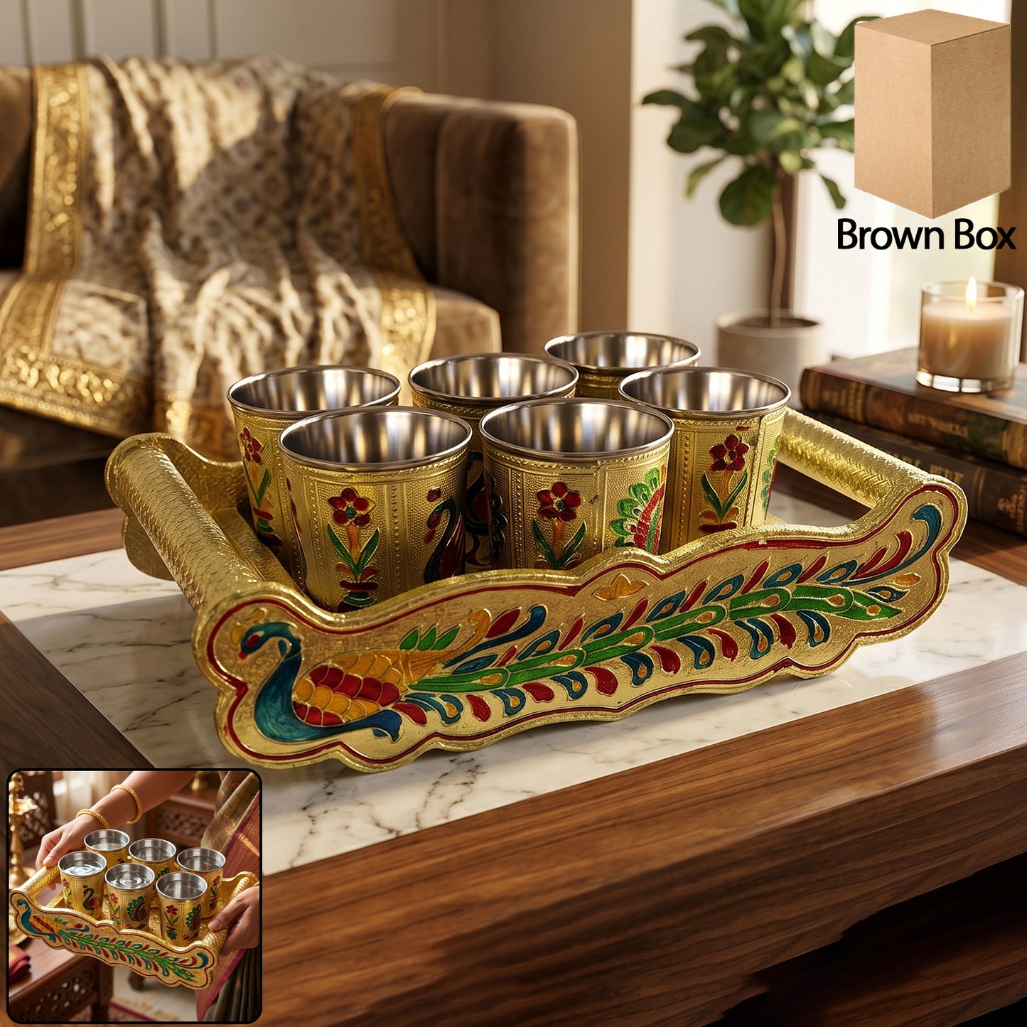 Serving tray with handle and matching glasses