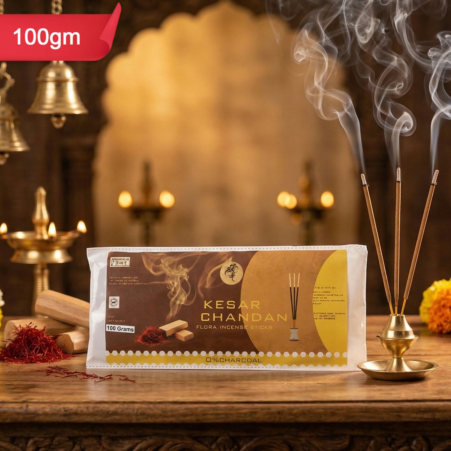 Incense sticks arranged with saffron strands and sandalwood splinters