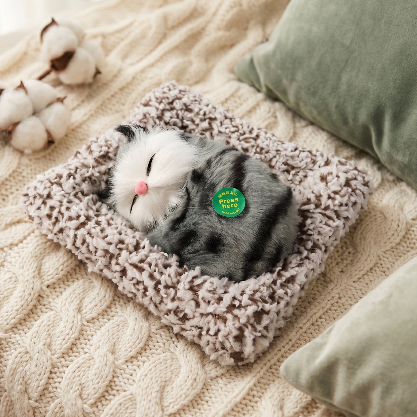 Soft plush cat open eye figurine on table