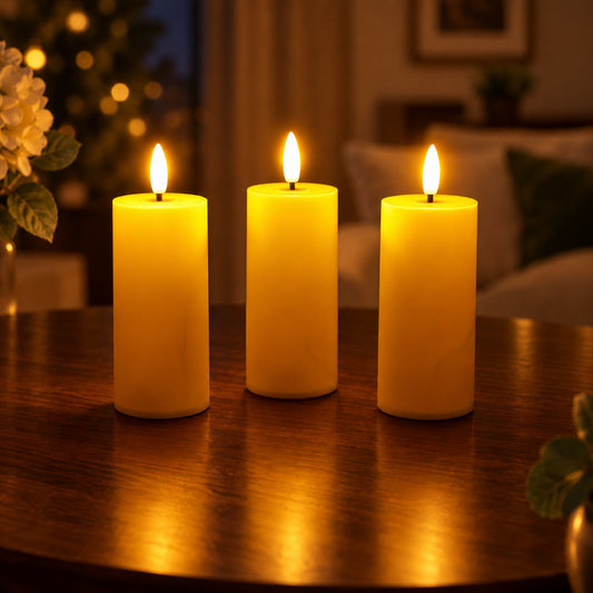 Three illuminated cream-colored flameless pillar candles on a dark wooden table in a dimly lit room.