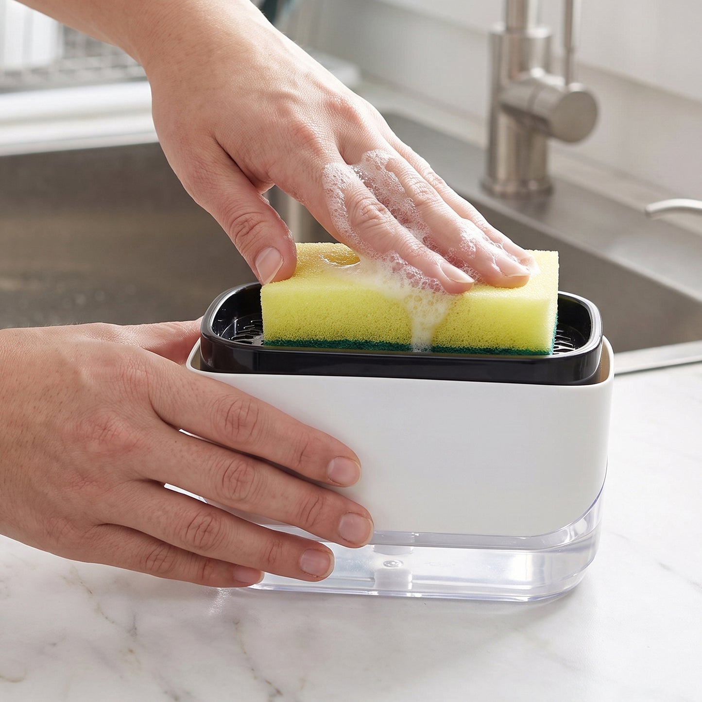 2 In 1 Press Soap Pump Dispenser with Sponge Holder for Kitchen Sink (1 Pc)