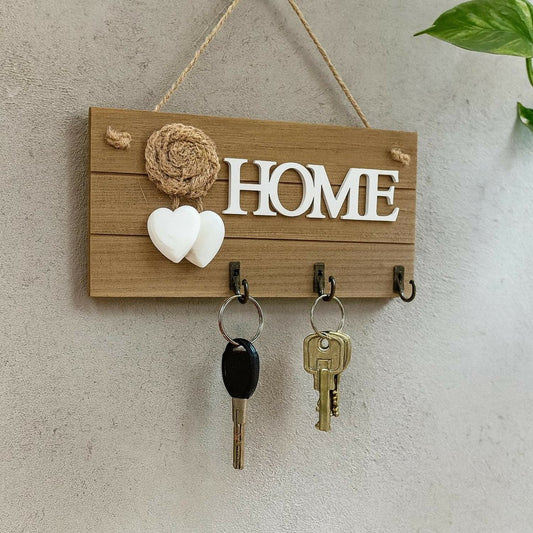 Wooden Wall Mounted Key Holder with Rope & Heart Design | Rustic “HOME” Letter Decorative Key Hanger with 3 Metal Hooks | Wall Hanging Organizer for Keys, Jewelry & Small Accessories | Home Décor Gift