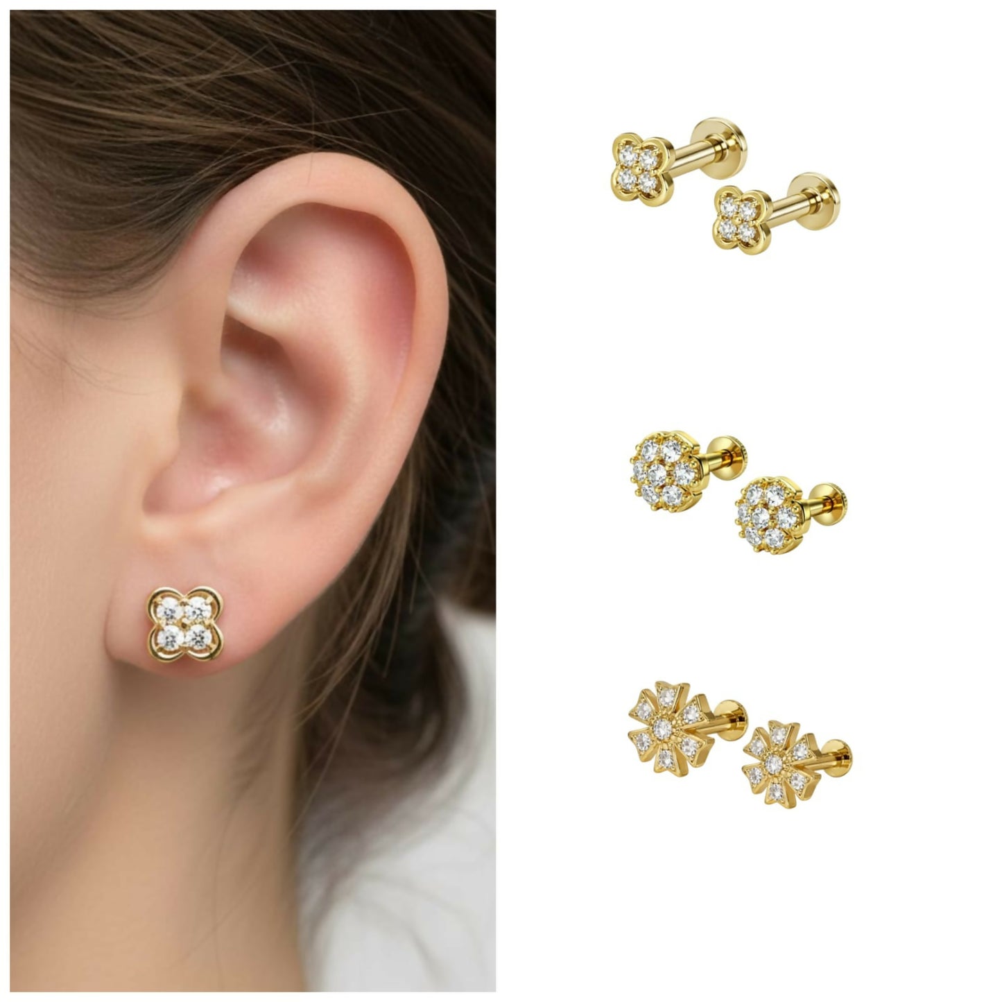 Rose gold plated flower flat back stud earrings with cubic zirconia stones