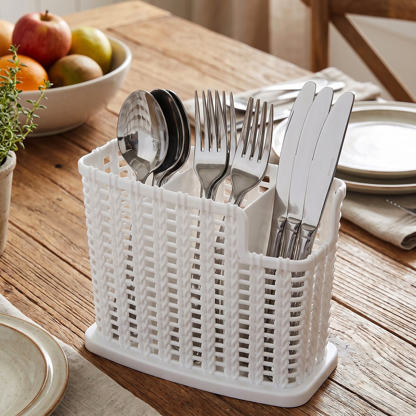 Plastic Cutlery Storage Organizer Basket with Drain Base for Kitchen (1 Pc)