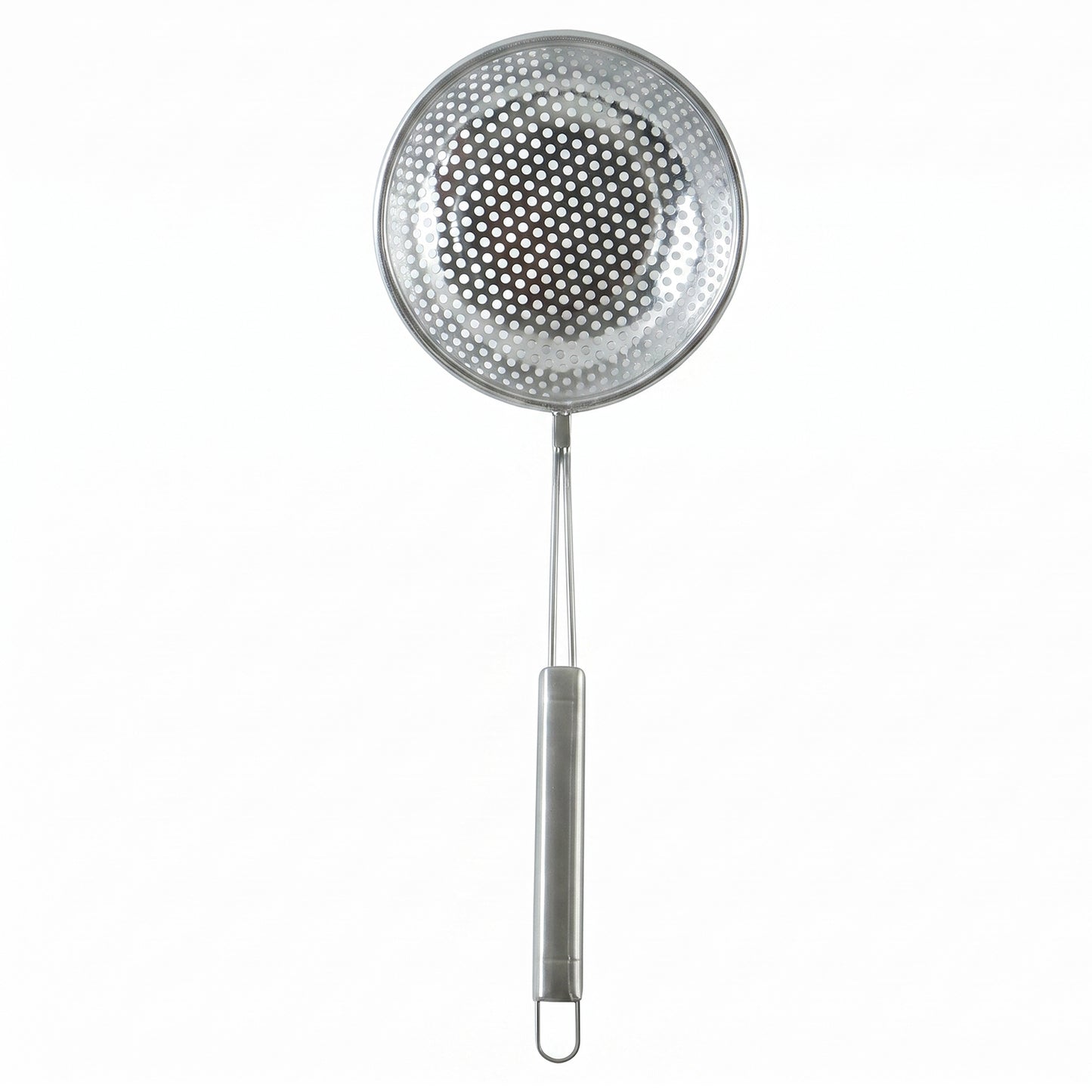 Stainless steel frying strainer on white background