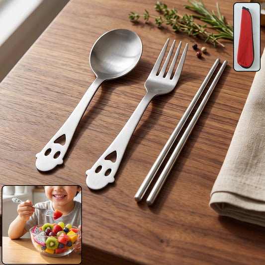 Stainless steel portable cutlery set with spoon, fork and chopsticks pouch (4 pc set)