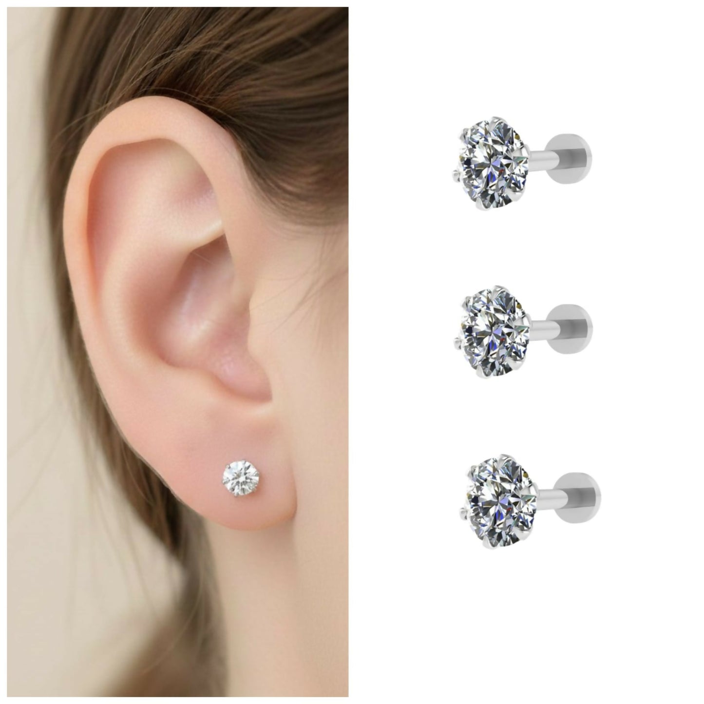 Silver plated round AD solitaire stud earring showing brilliant cubic zirconia stone