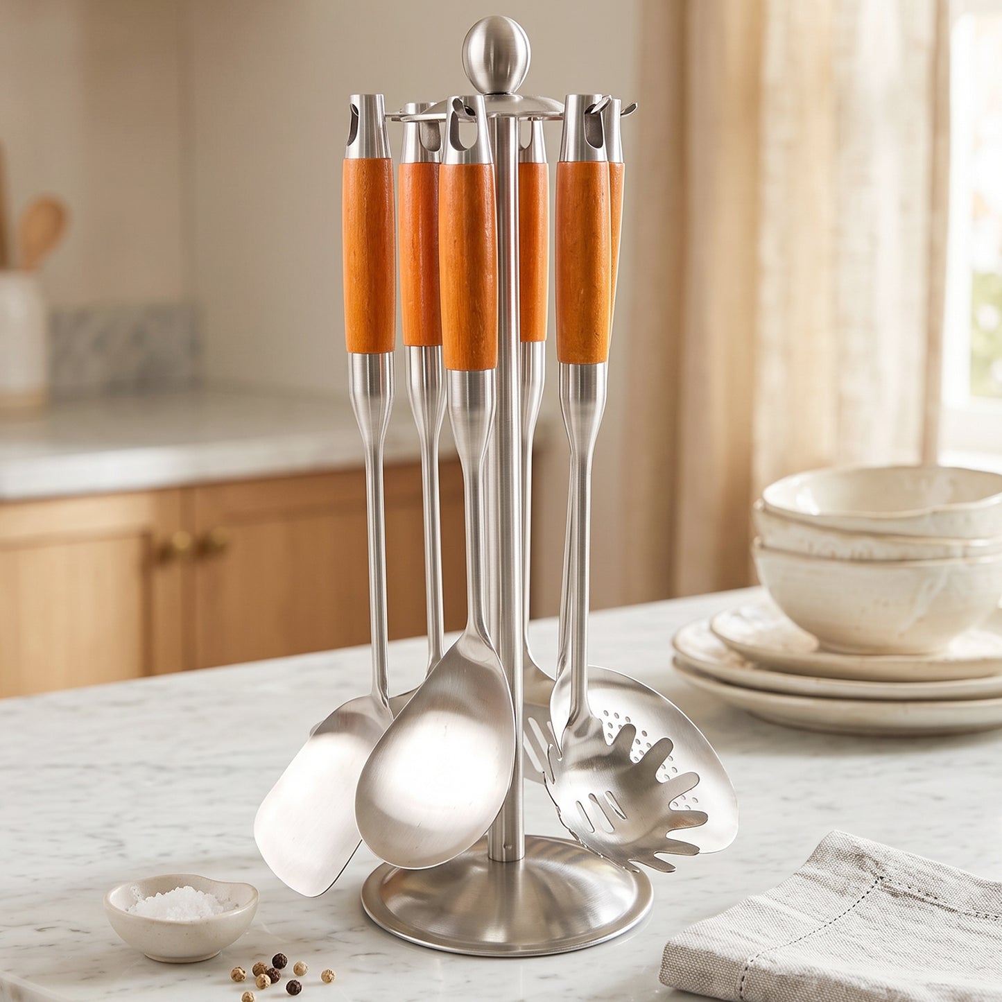 7 In 1 Stainless Steel Kitchen Tool Set with Wooden Handles and Stand (1 Set)