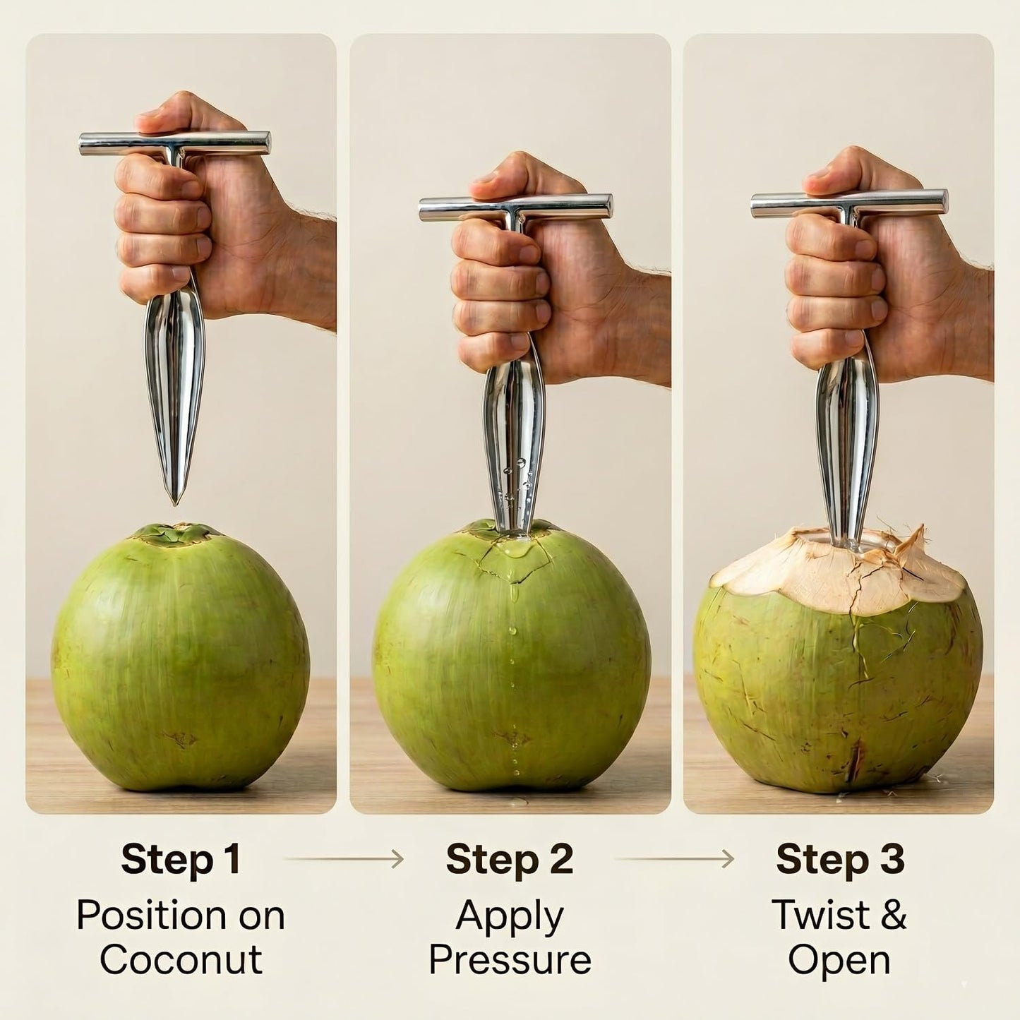 Rust-resistant coconut cutting tool for kitchen use
