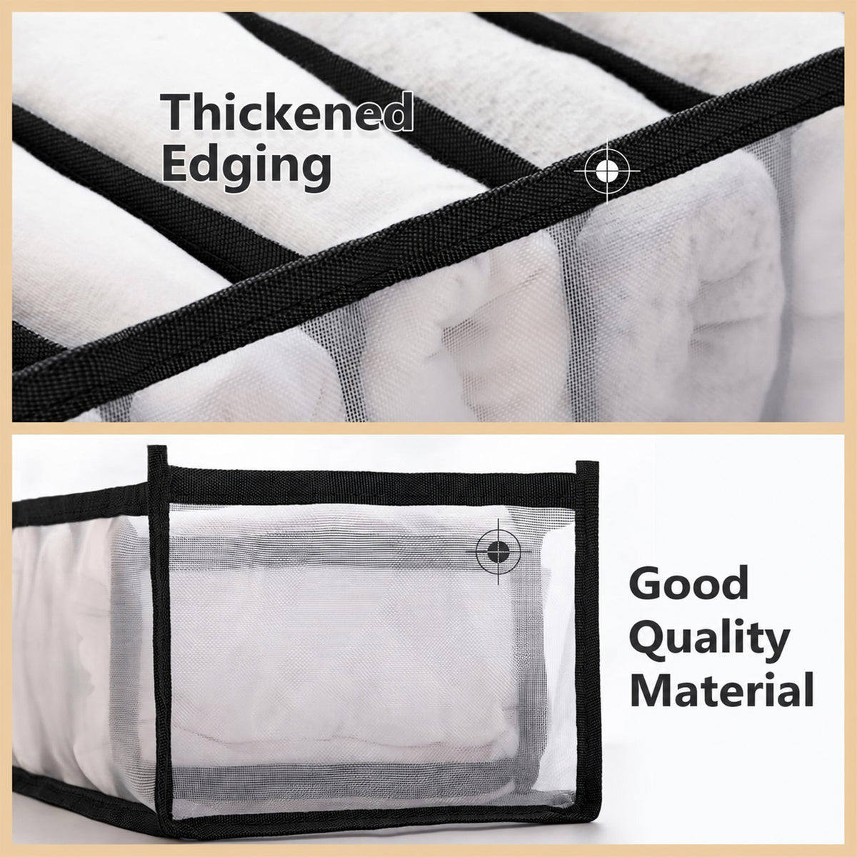 Mesh organizer reinforced edging detail